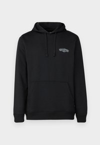 Black hoodie with a kangaroo pocket. Features a drawstring hood and embroidered logo in multicolor on the chest. Soft fabric texture.