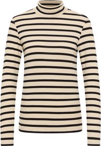 Pruhovaný rolákový sveter v béžovej farbe s čiernymi horizontálnymi pruhmi. Rebrovaná textúra, dlhé rukávy a priliehavý strih.
