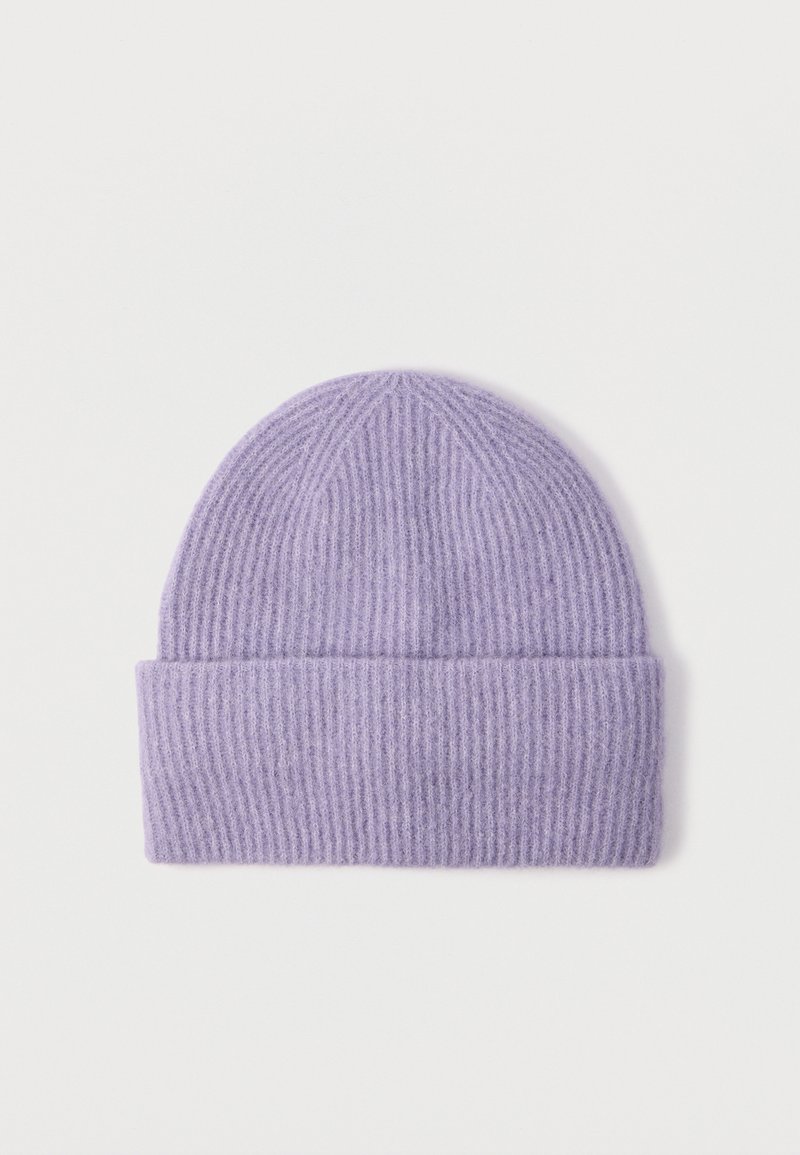 Lilac ribbed knit beanie with a folded cuff, made from soft wool, featuring vertical lines and a seamless top design.
