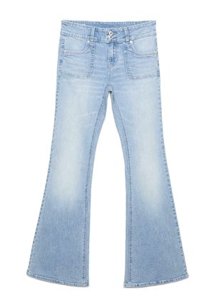 Lyseblå, højtaljede flared jeans med to forlommer, dobbelt knaplås og diskret falmet vask på lår og knæ.