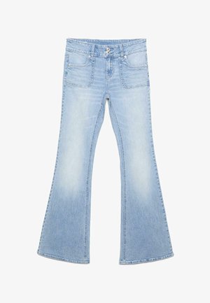 Lyseblå, højtaljede flared jeans med to forlommer, dobbelt knaplås og diskret falmet vask på lår og knæ.