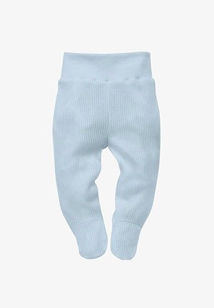 Lichtblauwe geribbelde babypantalon met een zachte elastische tailleband en gesloten voeten. De stof heeft een gladde textuur met een subtiele rek.