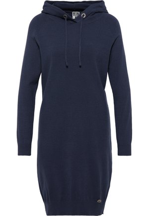 Robe à capuche en maille bleu marine à manches longues avec cordons, poignets et ourlet côtelés, et petit logo métallique rond près de l'ourlet inférieur.