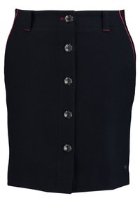 Marinblå ullpennkjol med silverfärgade knappar framtill, röda söms detaljer och en figurnära silhuett med slits bak.