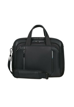 Schwarze Laptoptasche aus strukturiertem Nylon, mit zwei oberen Griffen, verstellbarem Schultergurt und mehreren Reißverschlussfächern.