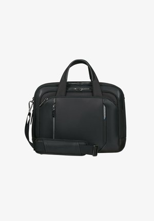 Schwarze Laptoptasche aus strukturiertem Nylon, mit zwei oberen Griffen, verstellbarem Schultergurt und mehreren Reißverschlussfächern.