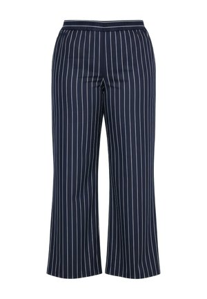 Pantaloni a vita alta blu navy con righe verticali bianche, realizzati in un tessuto liscio, caratterizzati da un design a gamba larga e una vita elasticizzata.