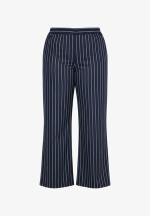 Marineblauwe broek met een hoge taille en witte verticale strepen, gemaakt van een gladde stof, voorzien van een wijde pijp en een elastische tailleband.