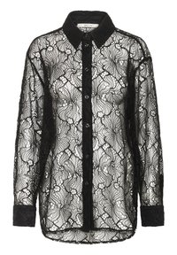 Camicia nera in pizzo con bottoni, caratterizzata da un motivo floreale, colletto classico e maniche lunghe con polsini neri solidi. Design trasparente.