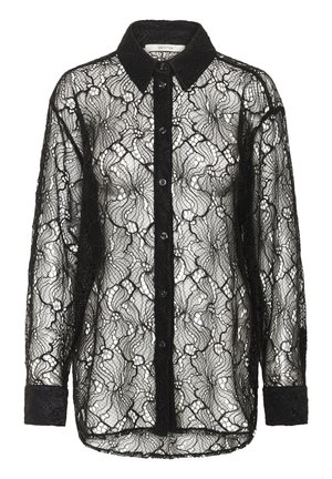 Camicia nera in pizzo con bottoni, caratterizzata da un motivo floreale, colletto classico e maniche lunghe con polsini neri solidi. Design trasparente.