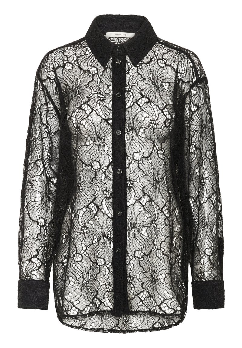 Schwarze Spitzenhemd mit Knopfleiste, das ein Blumenmuster aufweist, einen klassischen Kragen hat und lange Ärmel mit einfarbigen schwarzen Manschetten besitzt. Transparenter Look.