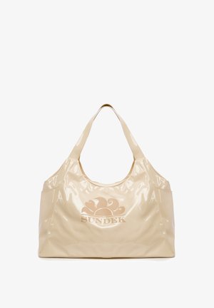 Borsa a spalla in finta pelle lucida beige con forma arrotondata, ampie tracolle e logo "SUNDEK" in rilievo sul davanti.