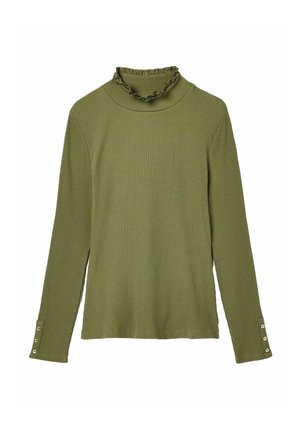 Olivenfarbener gerippter Rollkragenpullover mit Rüschensaum, langen Ärmeln und Knopfdetails an den Manschetten. Weicher Stoff, taillierte Passform.