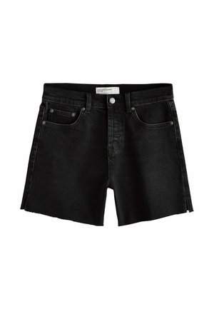 Black denim shorts with front button, zipper, belt loops, five pockets, and small side slits on hem.