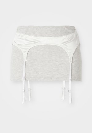 Grå bomullstoffplagg med hvit sateng livband og fire justerbare bånd for strømpeholder. Glatt tekstur, tettsittende design.