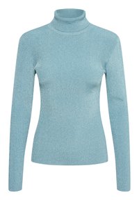 Jasnoniebieski sweter z golfem, z długimi rękawami, o miękkiej fakturze i dopasowanym kroju.