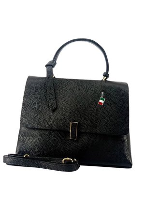 Black textured leather handbag with top handle, gold clasp, detachable shoulder strap, and small Italian flag tag hanging from the handle.