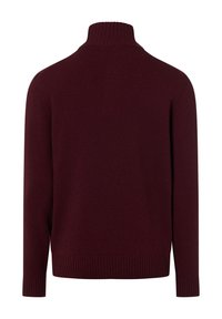 Bordeaux sweater met een hoge geribbelde kraag, lange mouwen en geribbelde manchetten en zoom, gemaakt van een zachte breistof. Achteraanzicht weergegeven.