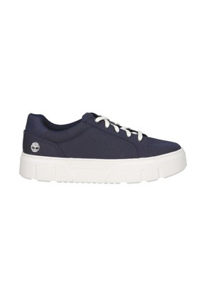 Navy fabric sneaker with white sole, round toe, and white laces. Features a small logo on the side and a textured sole for grip.