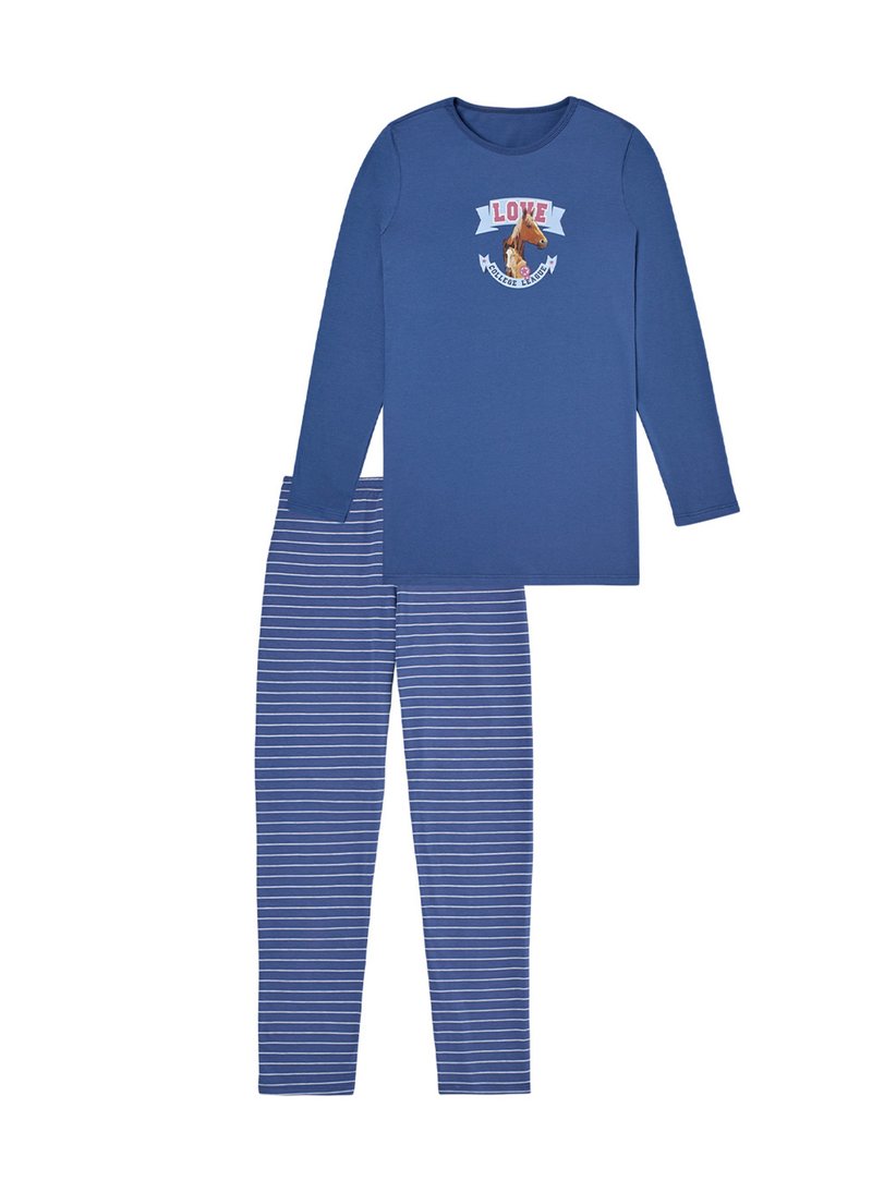 Top de manga larga azul con un gráfico de caballo y la palabra "LOVE", combinado con pantalones a rayas azul y blanco. Material de algodón suave.