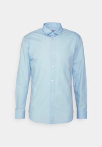 Light blue long-sleeve shirt made of smooth cotton fabric. Features a button-down front and a classic collar, with button accents.