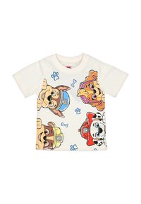 White children's t-shirt with four colorful cartoon dogs wearing helmets and goggles, surrounded by blue paw prints and bones.