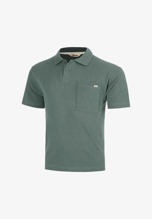 Grünes Polohemd mit kurzen Ärmeln, Kragen, Zwei-Knopf-Leiste und Brusttasche mit kleinem Markenschild.