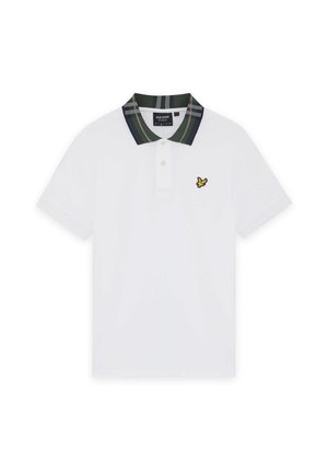 Weißes Polohemd mit kurzen Ärmeln, grün kariertem Kragen, Knopfleiste mit zwei Knöpfen und kleinem gelben Vogel-Logo auf der linken Brust.