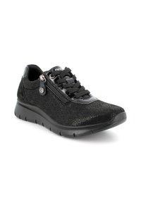 Sneaker nere con parte superiore testurizzata decorata con motivi floreali, dettagli lucidi, chiusura laterale con zip e suola in gomma con battistrada per una migliore aderenza.