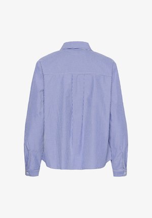 Pikkade varrukatega sinise ja valge vertikaalsete triipudega nööpidega särk, mis on näidatud tagantpoolt terava krae ja mansetiga varrukatega.