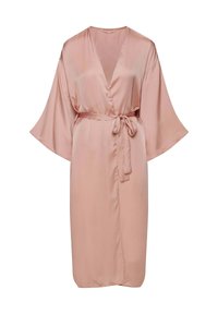 Różowa satynowa szlafrok z szerokimi rękawami, zapinany na węzeł w talii. Do kolan z kołnierzykiem w kształcie V.