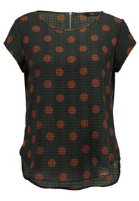 Haut vert transparent à manches courtes avec un motif de grille et de grands pois marron ; il comporte une fermeture éclair dans le dos et un ourlet arrondi.