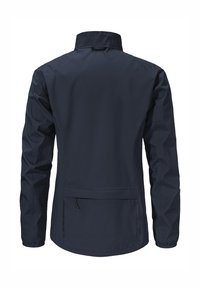 Marineblaue wasserdichte Jacke mit hohem Kragen, langen Ärmeln und elastischen Bündchen. Verfügt über eine Rückentasche und einen taillierten Schnitt für eine figurschmeichelnde Optik.