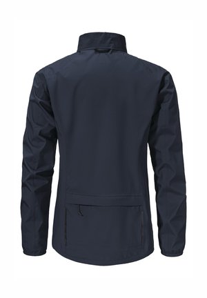 Marineblaue wasserdichte Jacke mit hohem Kragen, langen Ärmeln und elastischen Bündchen. Verfügt über eine Rückentasche und einen taillierten Schnitt für eine figurschmeichelnde Optik.