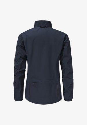 Marineblaue wasserdichte Jacke mit hohem Kragen, langen Ärmeln und elastischen Bündchen. Verfügt über eine Rückentasche und einen taillierten Schnitt für eine figurschmeichelnde Optik.