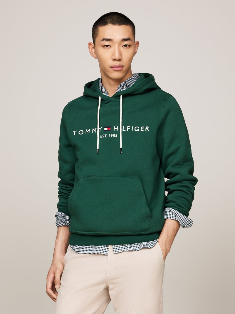 Žalias džemperis pagamintas iš minkštos medžiagos, su priekinėmis kišenėmis, baltomis raištelėmis ir "TOMMY HILFIGER" prekės ženklu su metų skaičiumi. Dėvimas ant languoto marškinėlio.