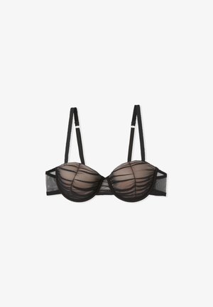 Soutien-gorge noir avec des bonnets en tulle transparent présentant des rayures horizontales, un soutien par armatures, des bretelles ajustables et une fermeture à crochets et œillets dans le dos.