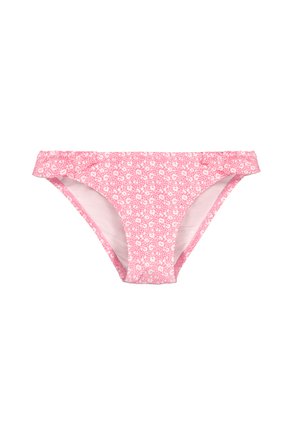 Braguitas de bikini rosas con un estampado floral abstracto blanco y pequeños detalles de volantes a lo largo de la cintura, mostradas sobre fondo blanco.