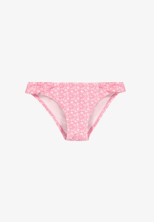 Braguitas de bikini rosas con un estampado floral abstracto blanco y pequeños detalles de volantes a lo largo de la cintura, mostradas sobre fondo blanco.