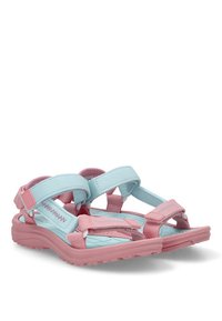 Sandalias ajustables en rosa y azul con plantilla acolchada, suela de goma y detalle de costura en zigzag en las correas. Diseño compacto para uso en exteriores.