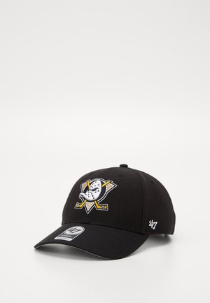 Black cap featuring an embroidered logo with a cartoon penguin and hockey sticks. The design includes white and yellow accents and a curved visor.