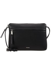 Bolso bandolera de cuero negro texturizado con una correa desmontable, cierre superior con cremallera y un bolsillo frontal con cremallera. Detalles metálicos en tono plateado.