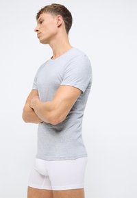Lys grå bomull t-skjorte med klassisk rund hals og korte ermer, brukt sammen med hvite, tettsittende boxershorts. Glatt tekstur, avslappet passform.