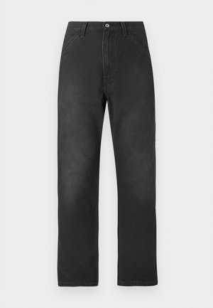 Zwarte katoenen canvasbroek met een rechte pijp, voorzakken en een knoopsluiting. Kenmerkt zich door subtiele textuur en stiksel details.