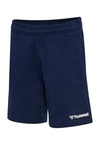 Marineblaue Sportshorts aus weichem Material, mit einem elastischen Bund und einem kleinen weißen Logo unten rechts.