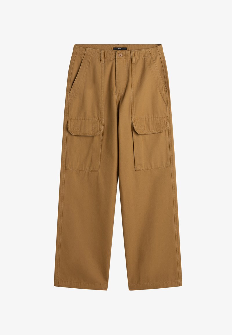 Cargobroek in een lichtbruine kleur, met twee voorzakken en twee zijcargozakken, gemaakt van een stevige stof met een zachte textuur.