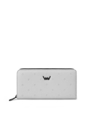 Weißes Lederportemonnaie mit eingeprägten Punkten, einem schwarzen Logoakzent und einem Reißverschluss. Glatte Textur und rechteckige Form.