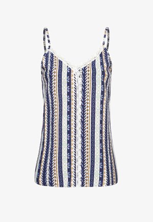 Navy sleeveless top with striped multicolor patterns, featuring lace trim at the neckline and varying geometric and animal motifs.
