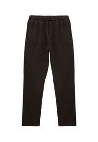 Czarne zwężane spodnie wykonane z fakturowanej tkaniny. Posiadają elastyczny pas ze sznurkiem i dwie boczne kieszenie.