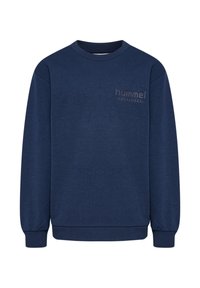 Marineblauwe sweatshirt van gestructureerde stof, met een ronde hals en lange mouwen. Voorzien van een subtiel logo op de borst.